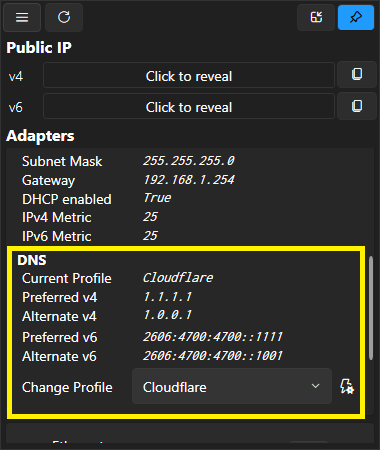 DNS Profile Switcher in the Network Popup